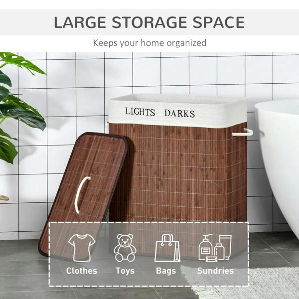 Brown laundry hamper with lid and white fabric liner; divider creates two compartments.