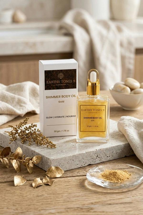 Earthy Tones 9 shimmer body oil 50ml bottle and packaging on a wooden surface with decorative elements.