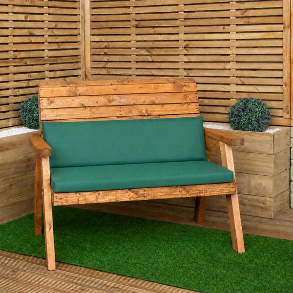 Samuel Alexander Hand Made Traditional 2 Seater Chunky Rustic Wooden Garden Bench with Green Cushions. Flat Packed