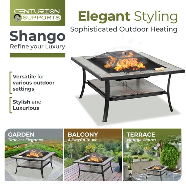 Centurion Supports SHANGO Premium Multi-Functional Black with Ceramic Tiles Outdoor Garden and Patio Square Heater Fire Pit Brazier and Outdoor Table