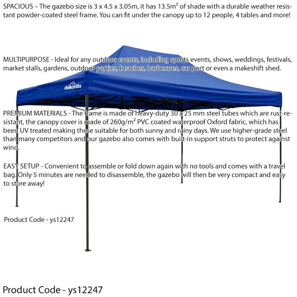 3x4.5m Pop-Up Gazebo & Side Walls Set BLUE Strong Outdoor Garden Pavillion Tent - LoopsDirect