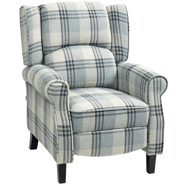 Grey plaid reclining armchair with padded armrests and footrest, upholstered fabric