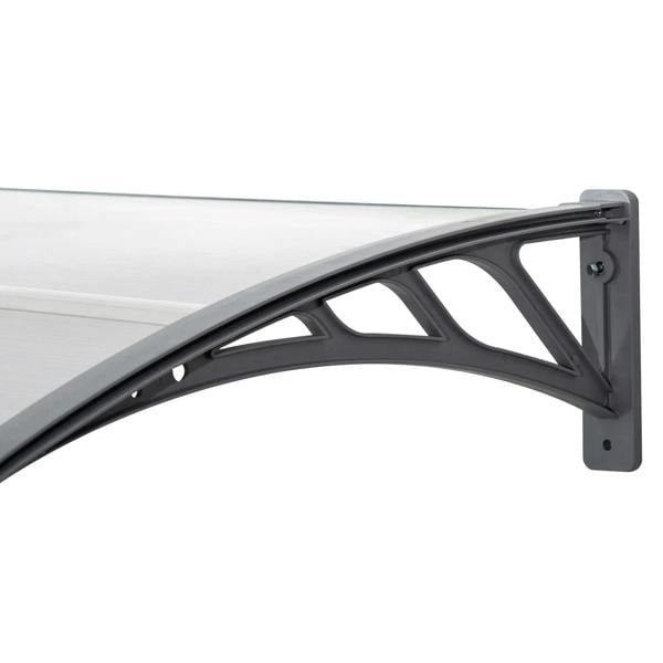 Close-up mounting bracket for front door canopy awning with clear panel and gray frame