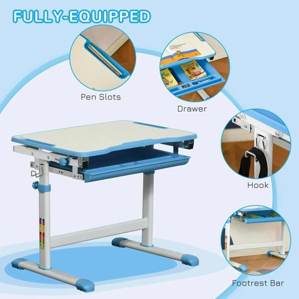 Blue kids desk and chair set with pen slots, drawer, hook, and footrest bar.