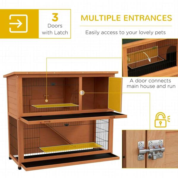 Orange rabbit hutch cutaway showing connected door between main house and run