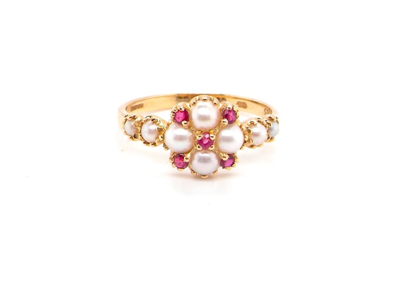 Vintage Tom A pretty pearl and ruby cluster dress ring