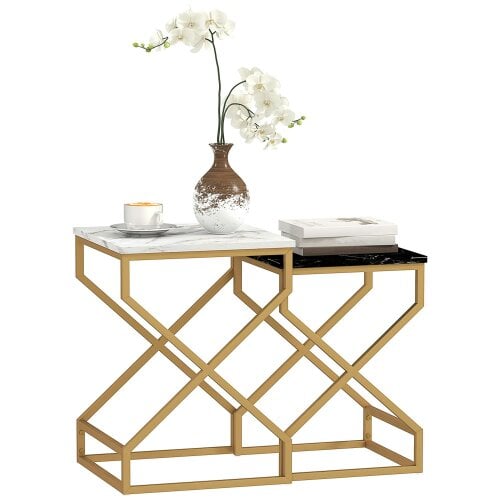 Wyld Haus Revi Set Of 2 Marble Effect Nesting Side Tables Gold Metal Legs