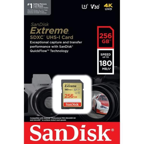 SanDisk Extreme SDXC card 180MBs UHSI U3 V30 256GB