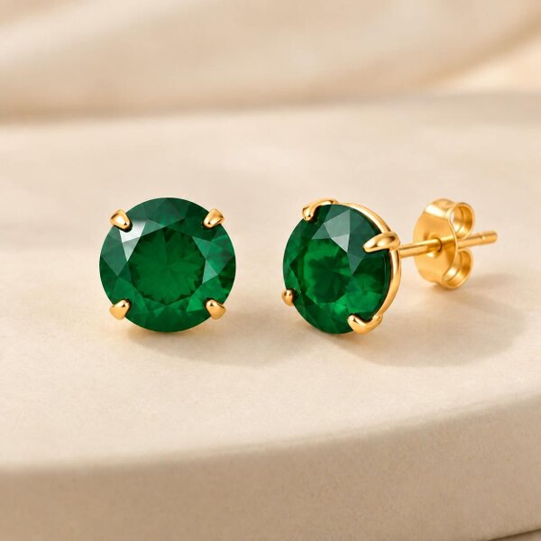 The Colourful Aura Gold Plated Round Coloured Stone Stud Earrings Blue Red Green Yellow Black - Green