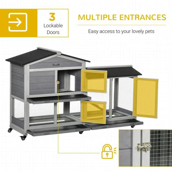 Grey wooden rabbit hutch with multiple lockable doors and mesh panels, on rolling wheels