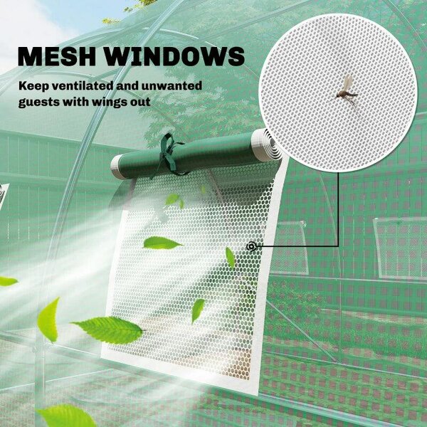 3 x 4 m Walk-in Polytunnel Greenhouse with Hinged Door and 8 Roll Up Mesh Windows, Garden Tunnel Warm House Tent, Green