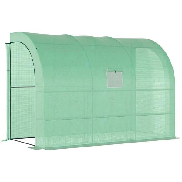 Walk-in green greenhouse with arched zip door and center window screen