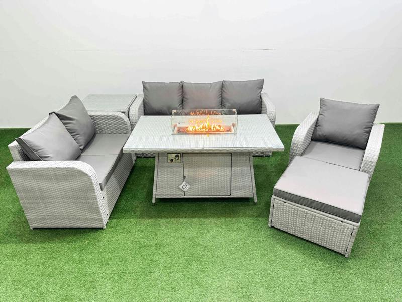 Fimous 7 Seater PE Rattan Garden Furniture Patio Set, Firepit Table, Reclining Chair, Loveseat, 3 Seater Sofa, Big Footstool, Side Table, Light Grey