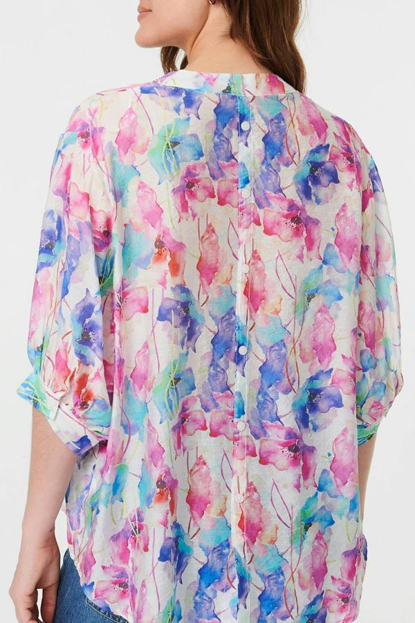 Pink | Floral 1/2 Sleeve Curve Hem Blouse