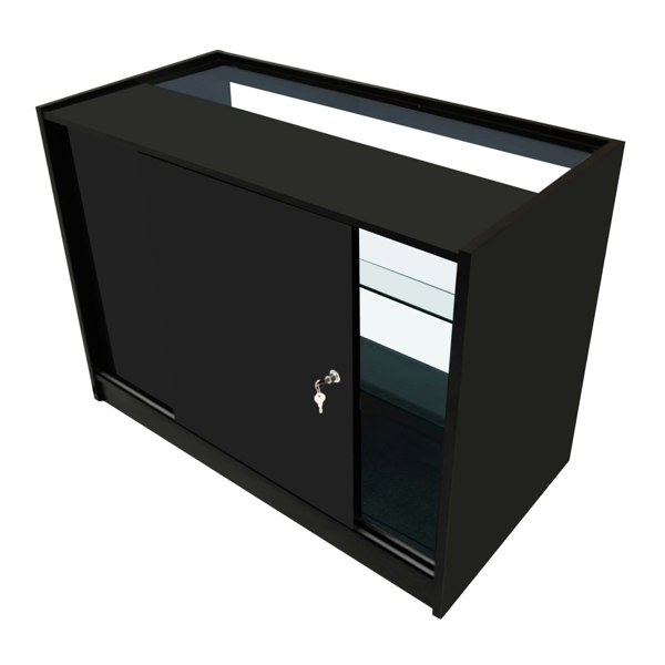 Sleek black LED retail shop counter K1200 with sliding doors, glass shelves, and a modern design for showcasing products