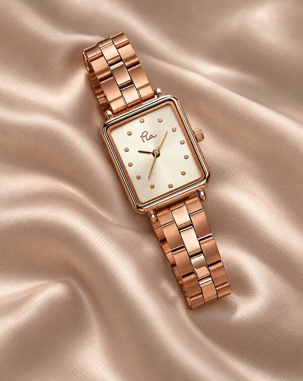 Pia Rose Gold-Tone Watch, Link Bracelet Strap, Square Case, Analogue
