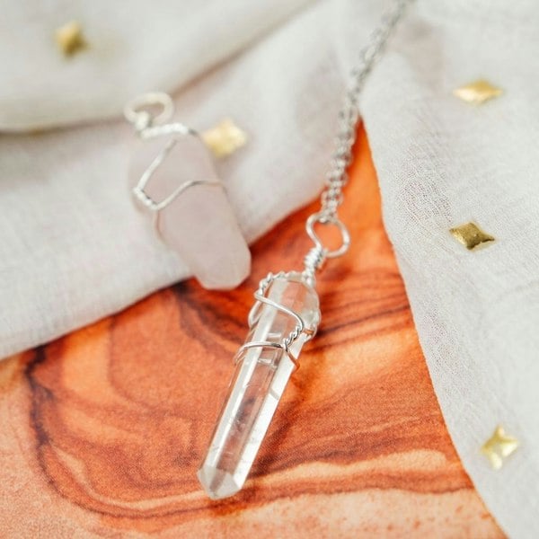 The Colourful Aura Clear Quartz Crystal Point Pillar Wire Wrapped Natural Stone Pencil Necklace