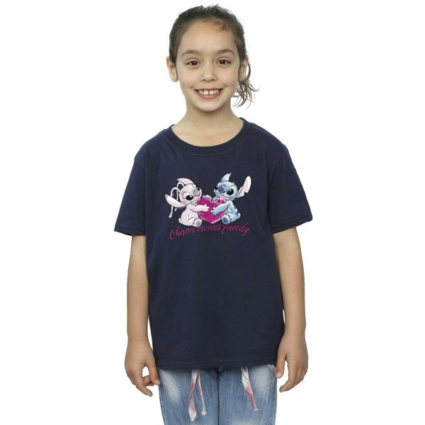 Disney Girls Lilo And Stitch Ohana Heart With Angel Cotton T-Shirt - Navy Blue