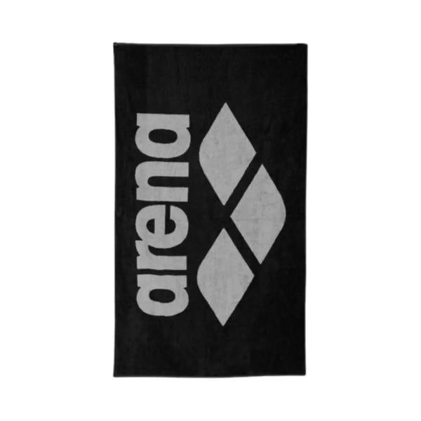 Black Arena soft pool towel with bold white logo and geometric design