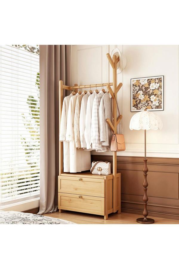 Living and Home Freestanding Bamboo Clothes Rack Garment Rack with Storage Shelves Coat Hanger