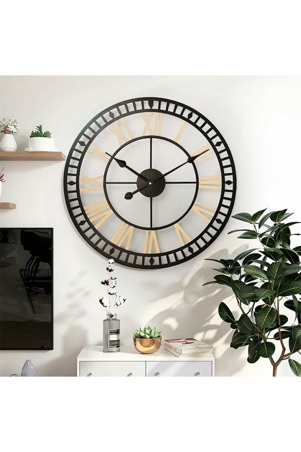Living and Home 80cm Dia Black Frame Gold Roman Numeral Hollow 60 Scale Wall Clock