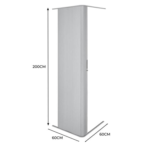 Silver Tambour shower door featuring a sleek, vertical ribbed design, measuring 200cm tall and 60cm wide, ideal for modern bathrooms