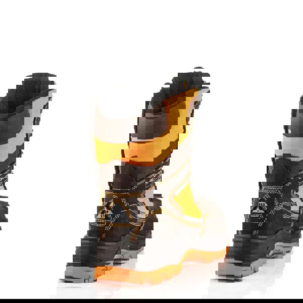 Buckbootz BVIZ1 Mens Zip Up S7S Composite Safety Ankle Boots, side view of the safety boot with black and orange design featuring waterproof material and composite toe protection.