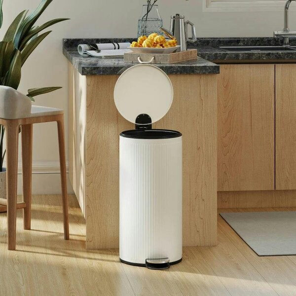 Kitchen Bin, 30 Litre Pedal Rubbish Bin with Removable Bucket, Cream