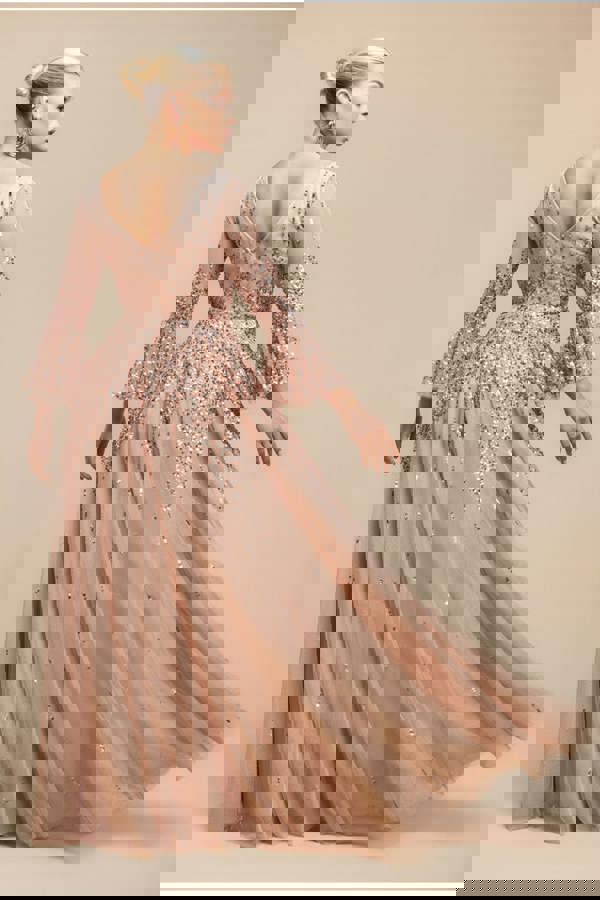 Sunray Hand Embellished Sequin A-Line Bell Sleeve Maxi Dress - Champagne DR4654