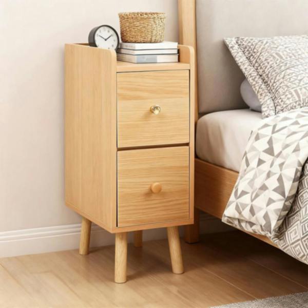 Havendro Slim Wooden Bedside Table Narrow Nightstand with Drawers and High Legs for Bedroom