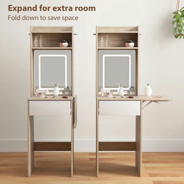 Small Vanity Desk with Mirror and LED Lights, Compact Dressing Table with Drop Leaf, Open Shelves, Natural Wood