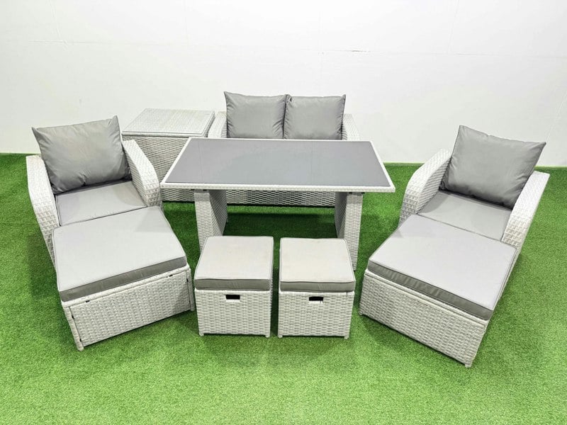 Fimous 8 Seater Patio Garden Furniture Sets with Dining Table Love Sofa Side Table 4 Stools Light Grey
