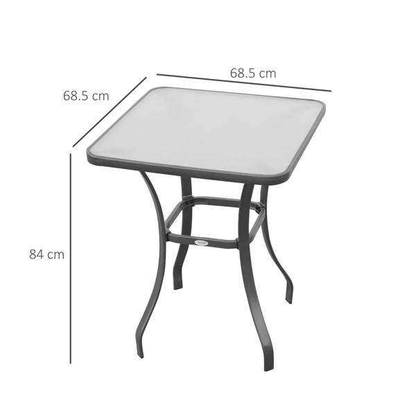 Black square bistro table with tempered glass top and curved four-leg base