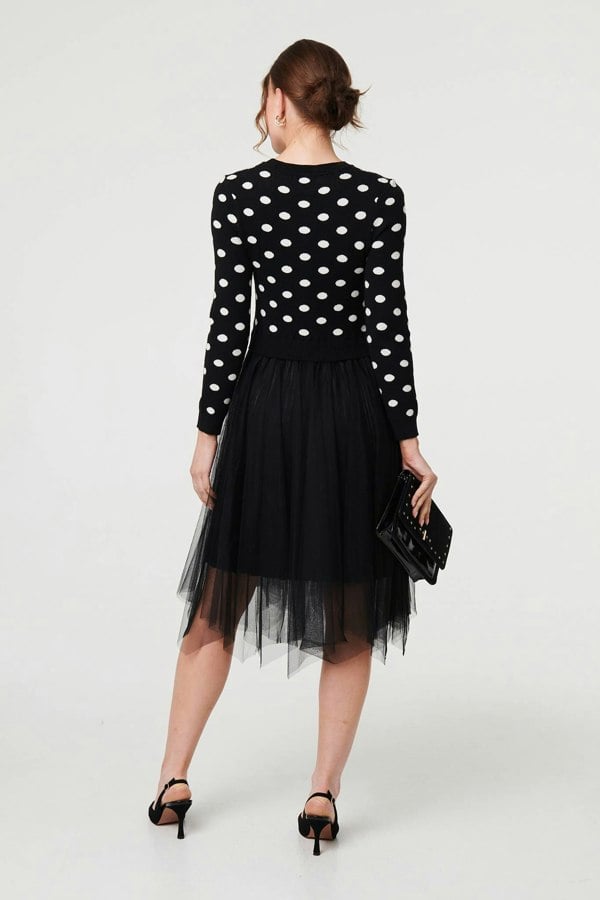 Black | Polka Dot Semi Sheer Mesh Midi Dress