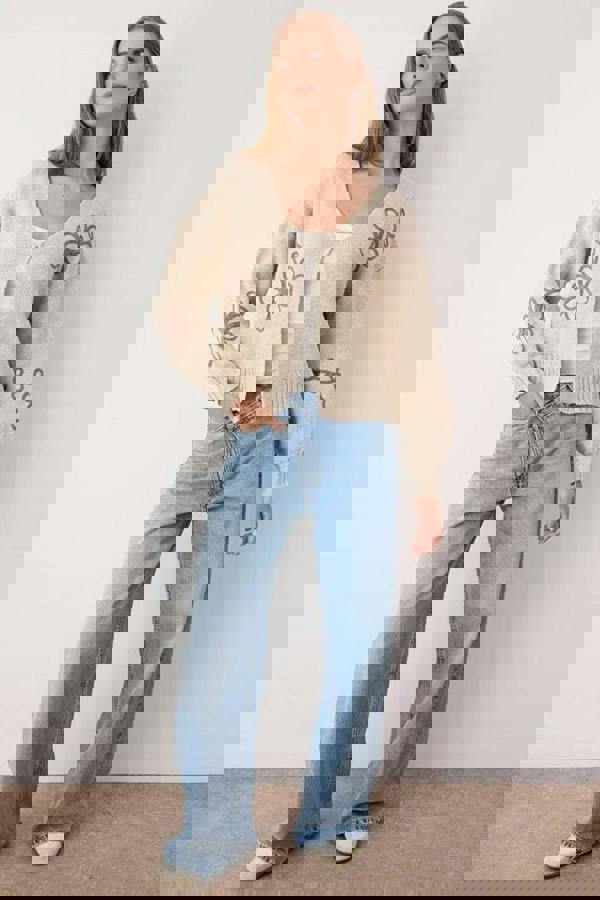 WOVCOR V-Neck Knit Cardigan with Embroidery Details