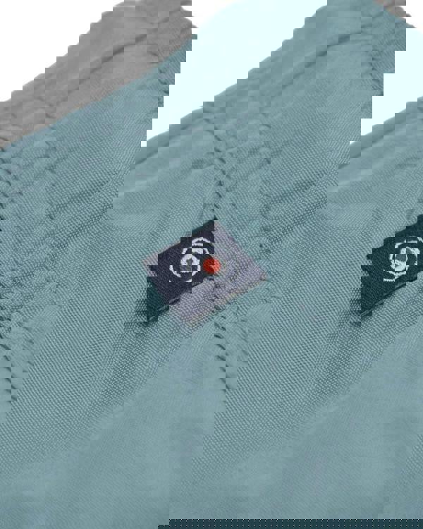 Lambretta Mens Swimming Casual Summer Shorts, close-up of fabric and brand tag on light blue shorts.