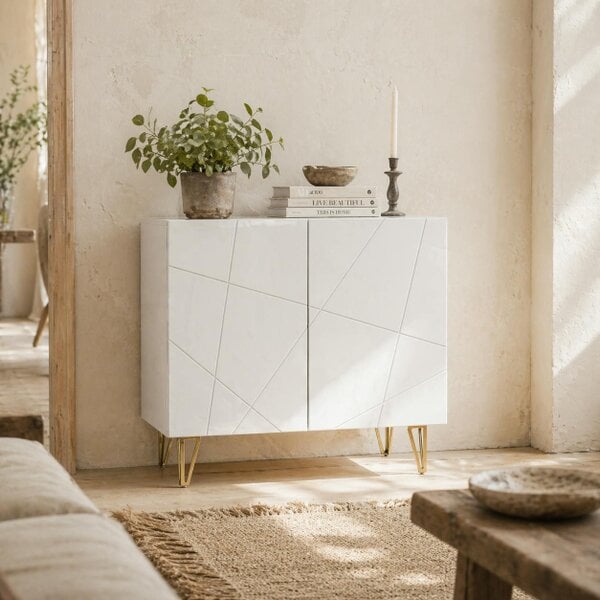 Wyld Haus Diro High Gloss White Geometric Pattern Sideboard With Gold Hairpin Legs