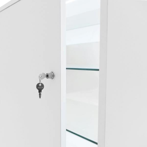 White LED retail shop counter K1500 with a key in the lock, showcasing sleek design and glass shelves inside