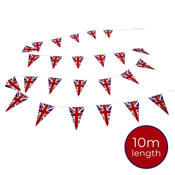 Union Jack flag bunting featuring vibrant red, white, and blue triangular flags, measuring 10 meters in length, perfect for celebrations
