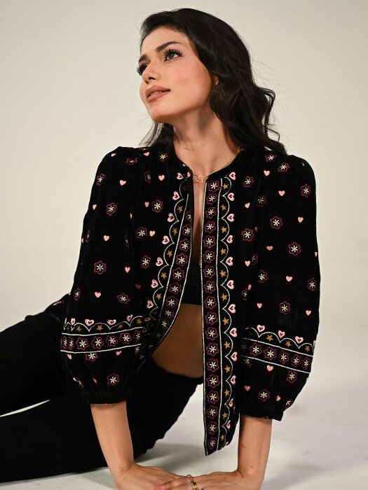 Rose & Nancy Florence Green Emboidered Velvet Jacket