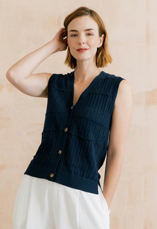 Sophie Pointelle Knit Sleeveless Waistcoat Navy