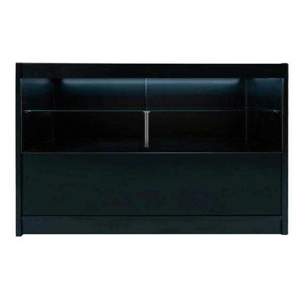 Sleek black Selene LED shop counter set with illuminated display shelf and spacious storage, perfect for retail environments
