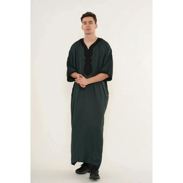 Men's Half Sleeve Embroidery Moroccan Thobe - Green - Thobez - 5