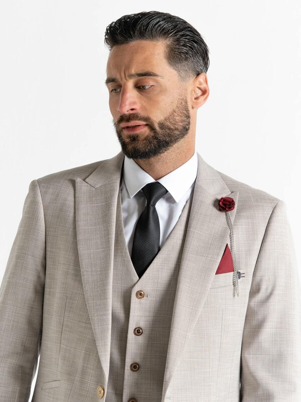 V2 Classic Kensignton Three Piece Suit - Cream with Light Brown Checks
