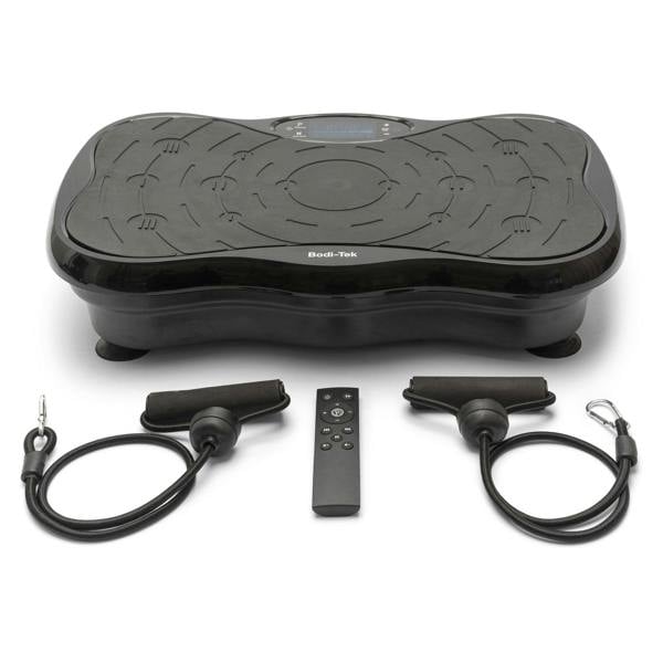 The Whole Body Vibration Training Exercise Plate in black features a digital display, includes two resistance bands with handles and a remote control, and is shown on a white background—perfect for full-body vibration workouts.