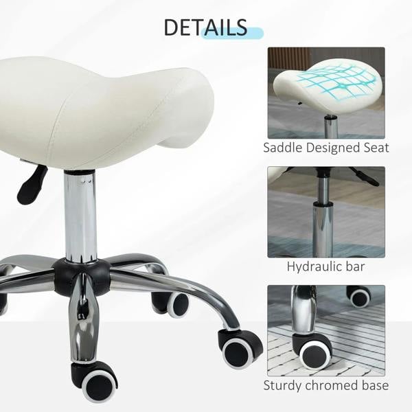 Cream saddle seat on hydraulic chrome base with 5-point legs and caster wheels