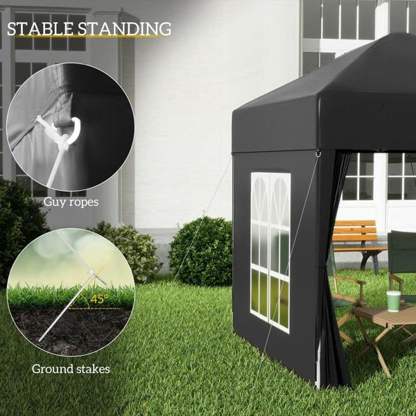 Black gazebo with guy ropes and ground stakes for added stability