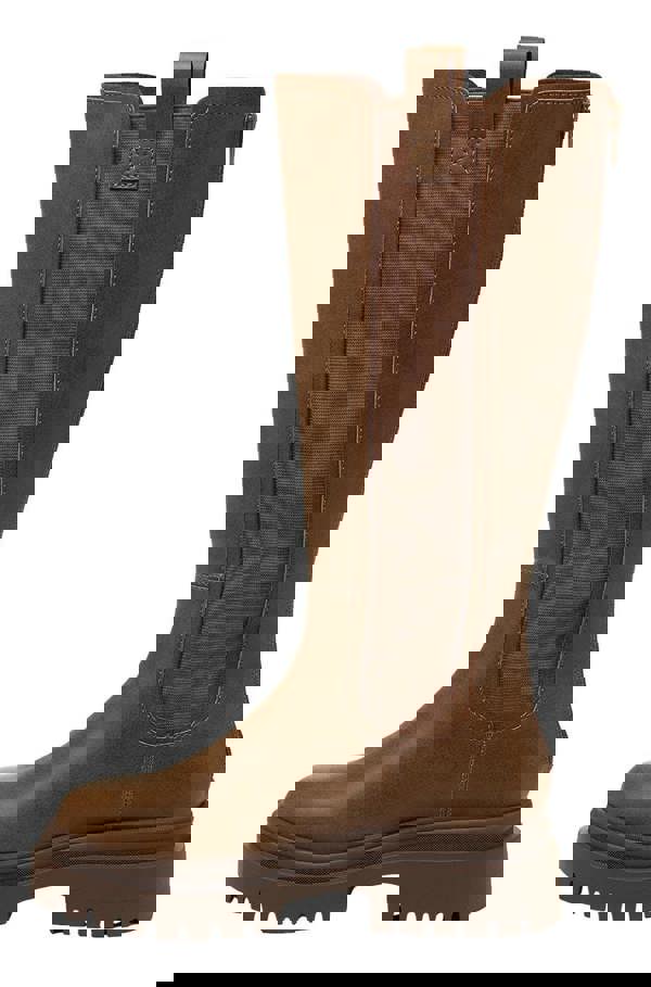 Rocket Dog Drea Womens Tall Knee High Full Zip Up Wedge Boots, stylish brown knee-high boots with a full zip and chunky wedge heel for women.