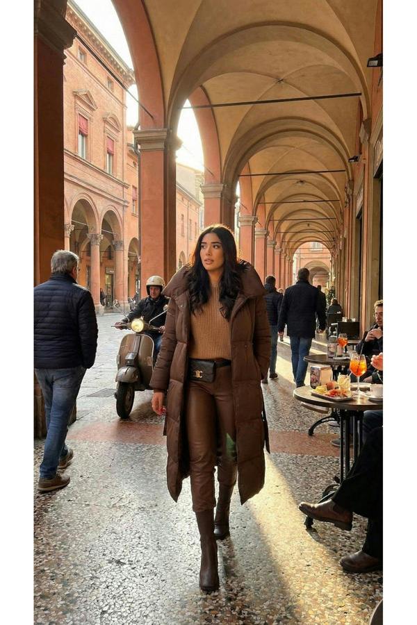 Velina Longline Puffer Coat With Belted Waist - Brown