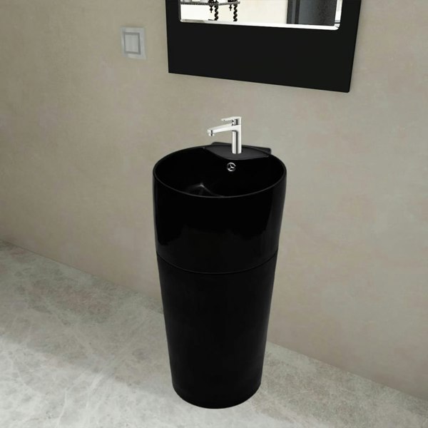 Berkfield Ceramic Stand Bathroom Sink Basin Faucet/Overflow Hole Black Round